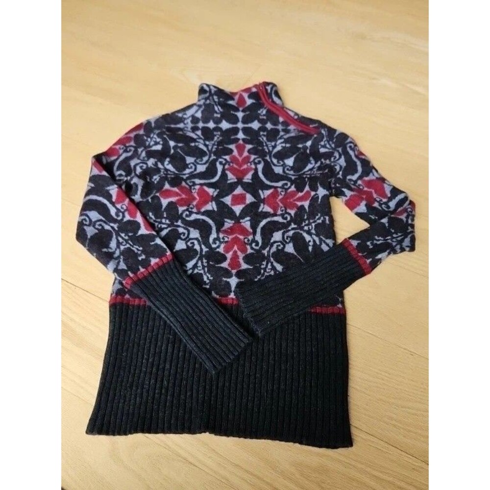Elegant Black and Red Patterned Turtleneck Sweater